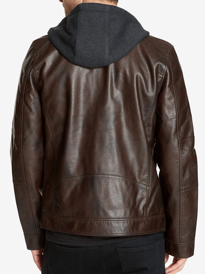 Men's Faux-Leather Detachable-Hood Biker Racer Jacket