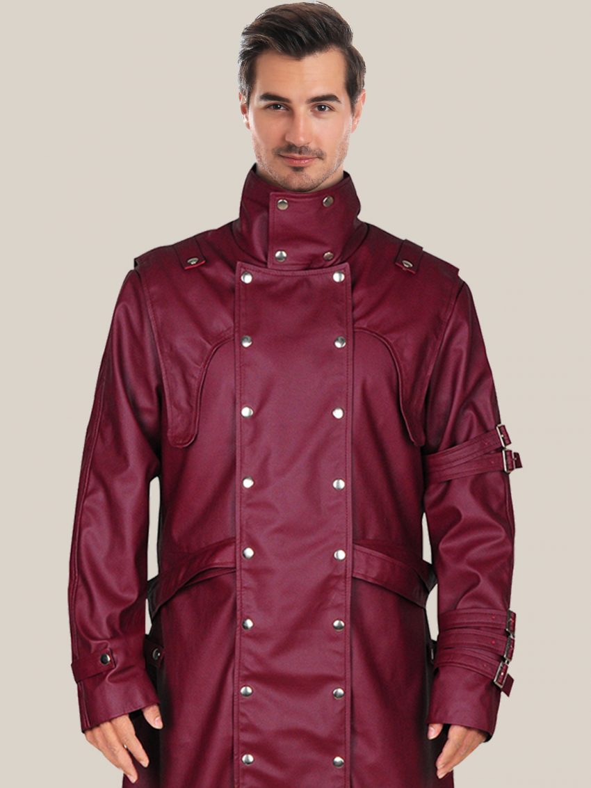 Men's Glossy Maroon Faux Leather Trench Coat