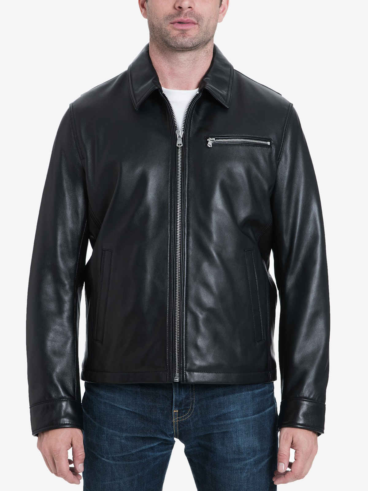 Men's Black Biker Zipper Pocket Leather Jacket