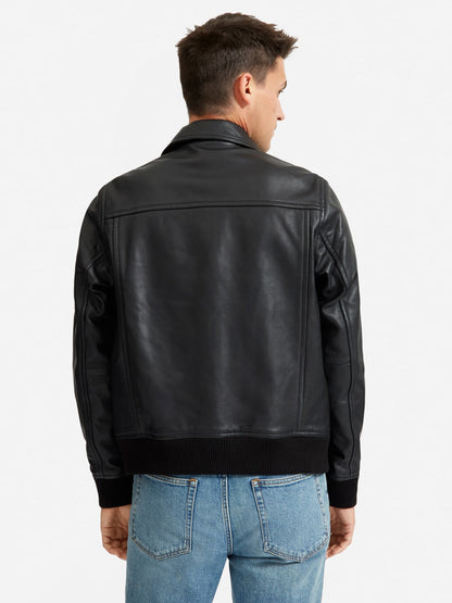 Black Mens Quilted Leather Stand Collar Bomber Jacket