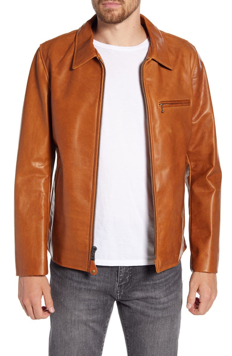 Mens Brown Shiny Biker Stand Collar Jacket