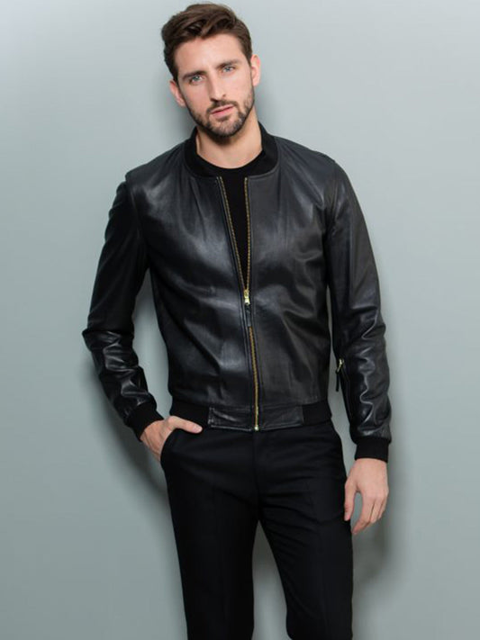 Mens Shiny Black Leather Bomber Jacket