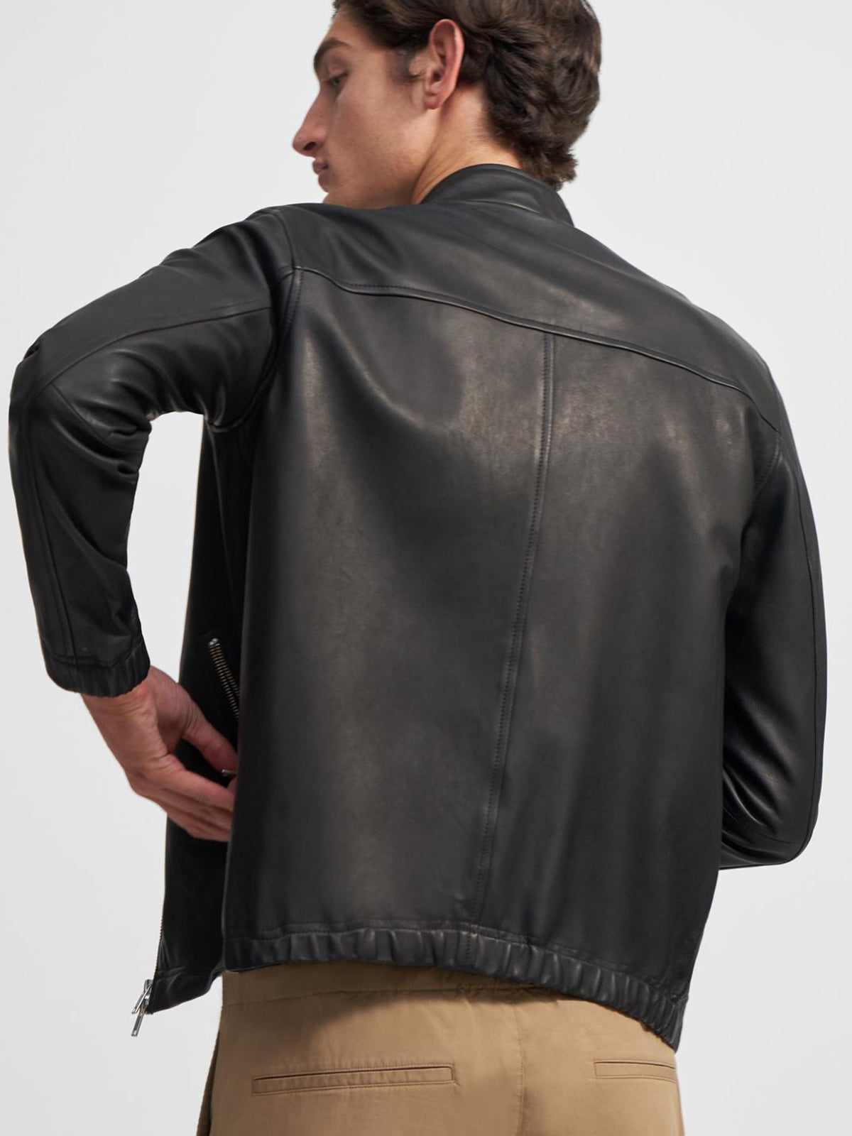 Mens Slim Fit Black Round Collar Leather Jacket