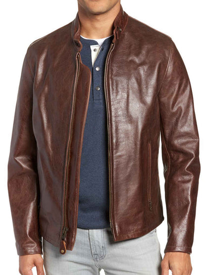 Mens Stand Collar Cool Dashing Biker Racer Leather Jacket