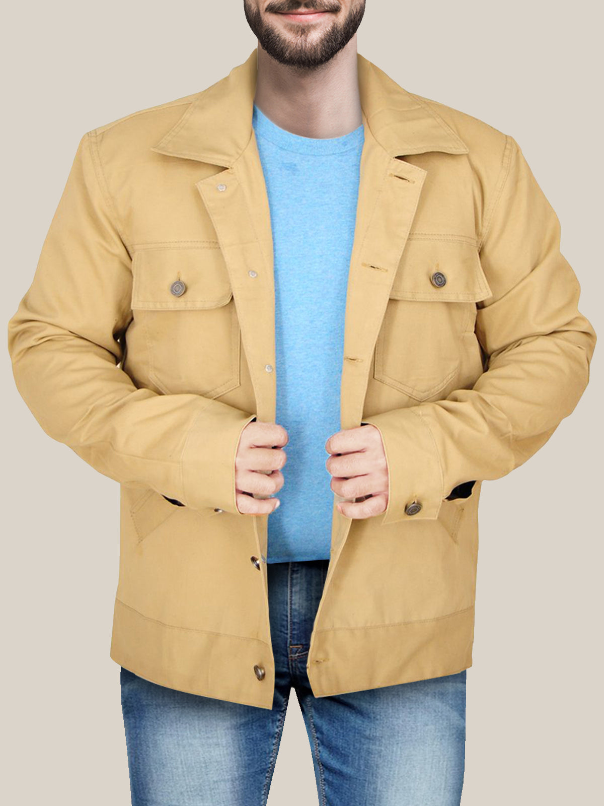 Men's Striking Beige Cotton Trucker Jacket