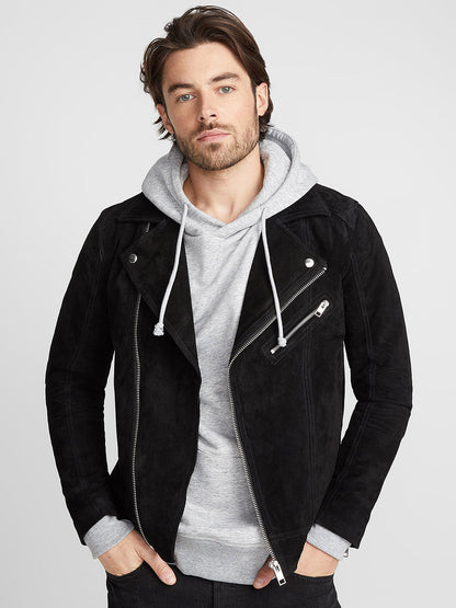 Mens Suede Biker Hooded Leather Jacket