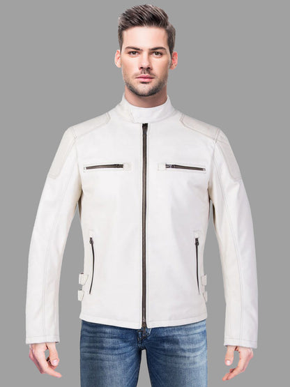 Men's White Biker Leather Jacket - Frozva