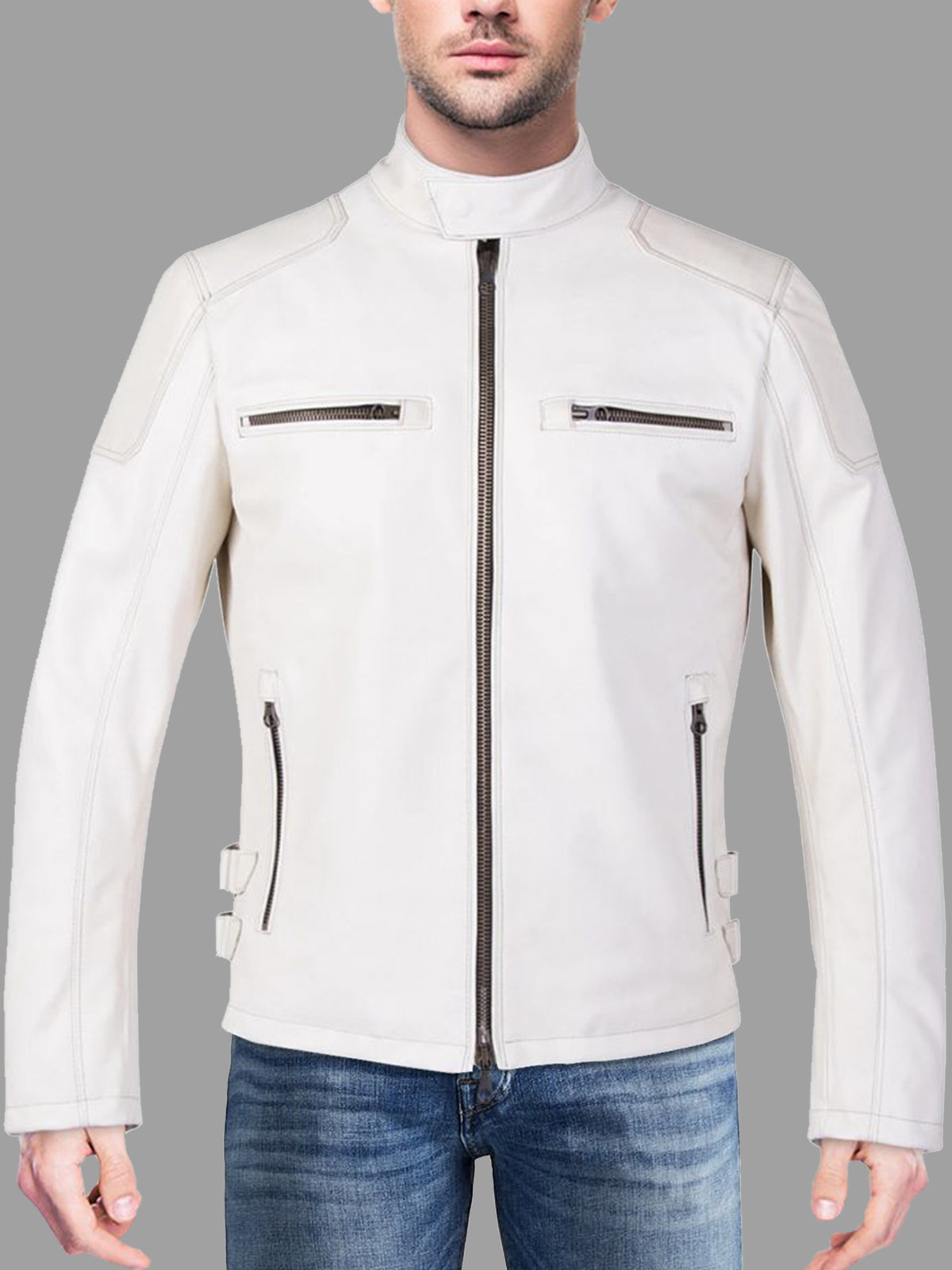 Men's White Biker Leather Jacket - Frozva