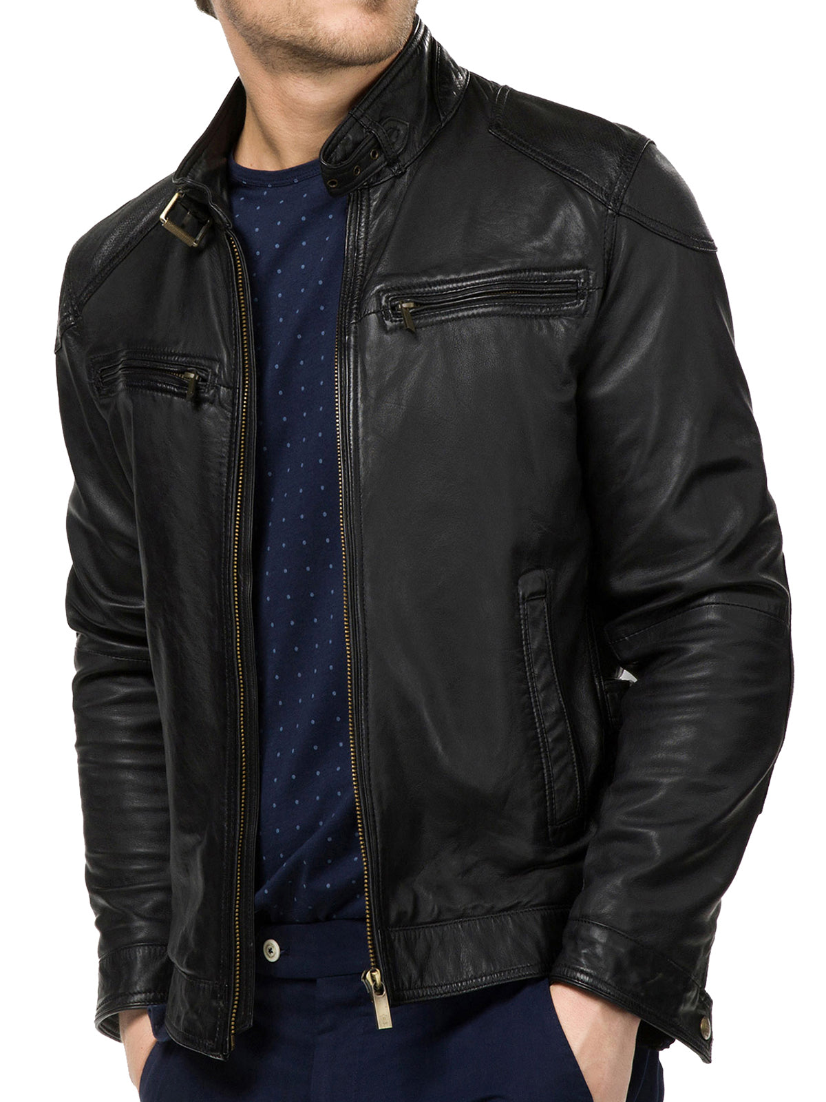 Mens black Genuine Leather Biker Jacket