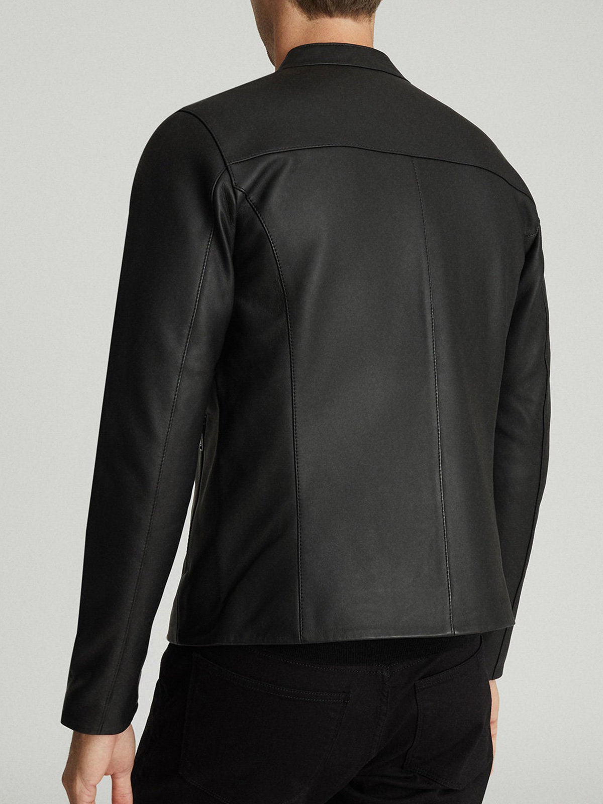 Mens Slim Fit Black Leather Jacket With Snap Button Collar