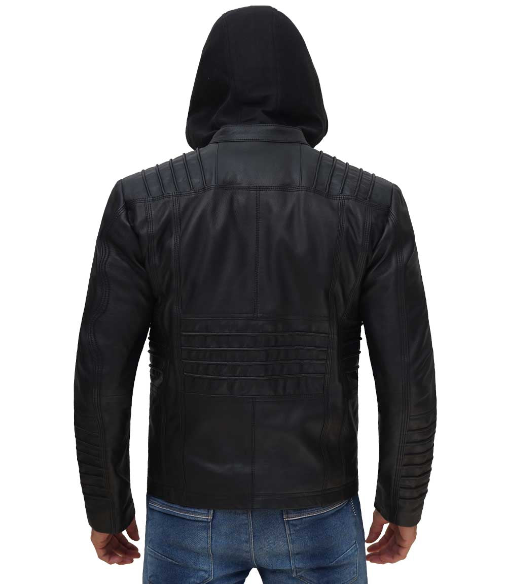 Black Cafe Racer Leather Jacket With Removable Hood – Frozva