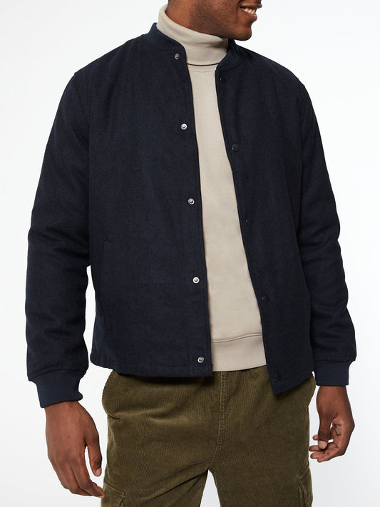 Navy Faux Wool Bomber Jacket