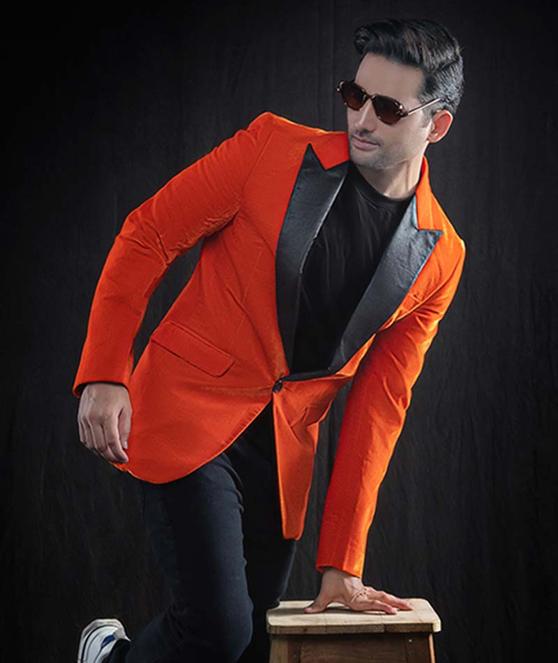 Mens Black Peak Lapel Orange Sports Coat