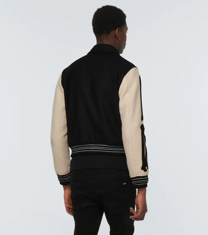 Mens Black and Beige Bone Design Varsity Jacket