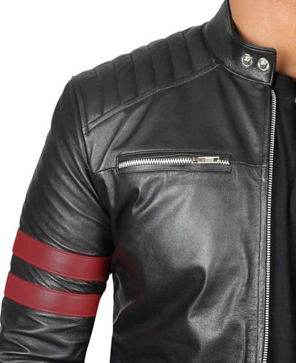 Mens Black Quilted Red Stripe Cafe Racer Leather Motorcycle Jacket