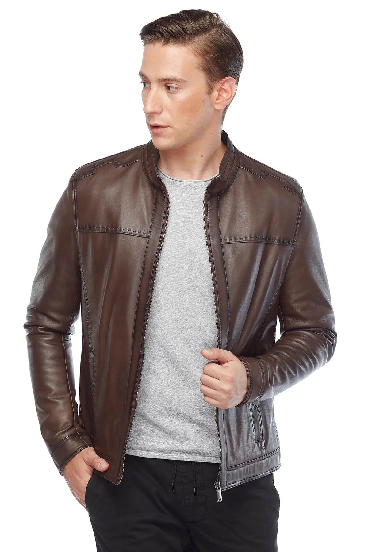 Sport Stitched Classic Leather Brown Jacket