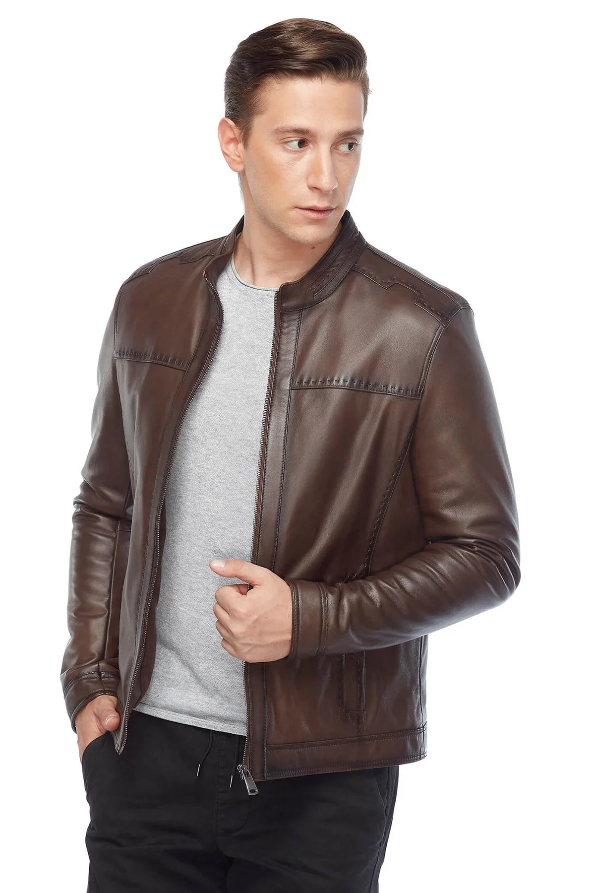 Sport Stitched Classic Leather Brown Jacket