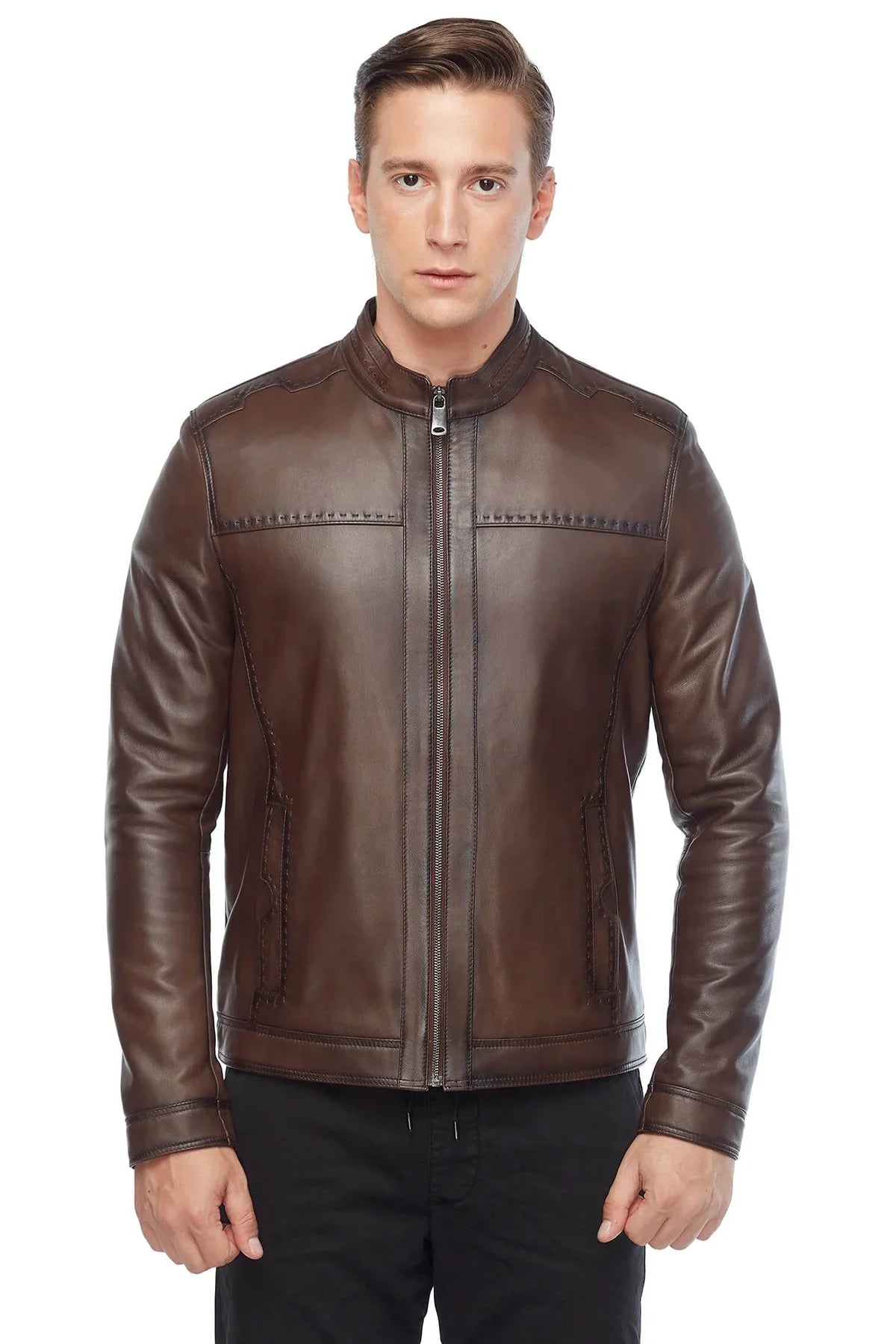 Sport Stitched Classic Leather Brown Jacket