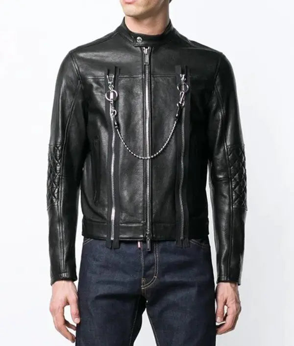 Mens Cafe Racer Black Leather Biker Jacket