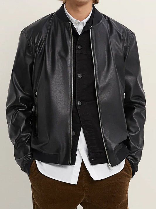 Mens Faux Leather Bomber Jacket - Frozva