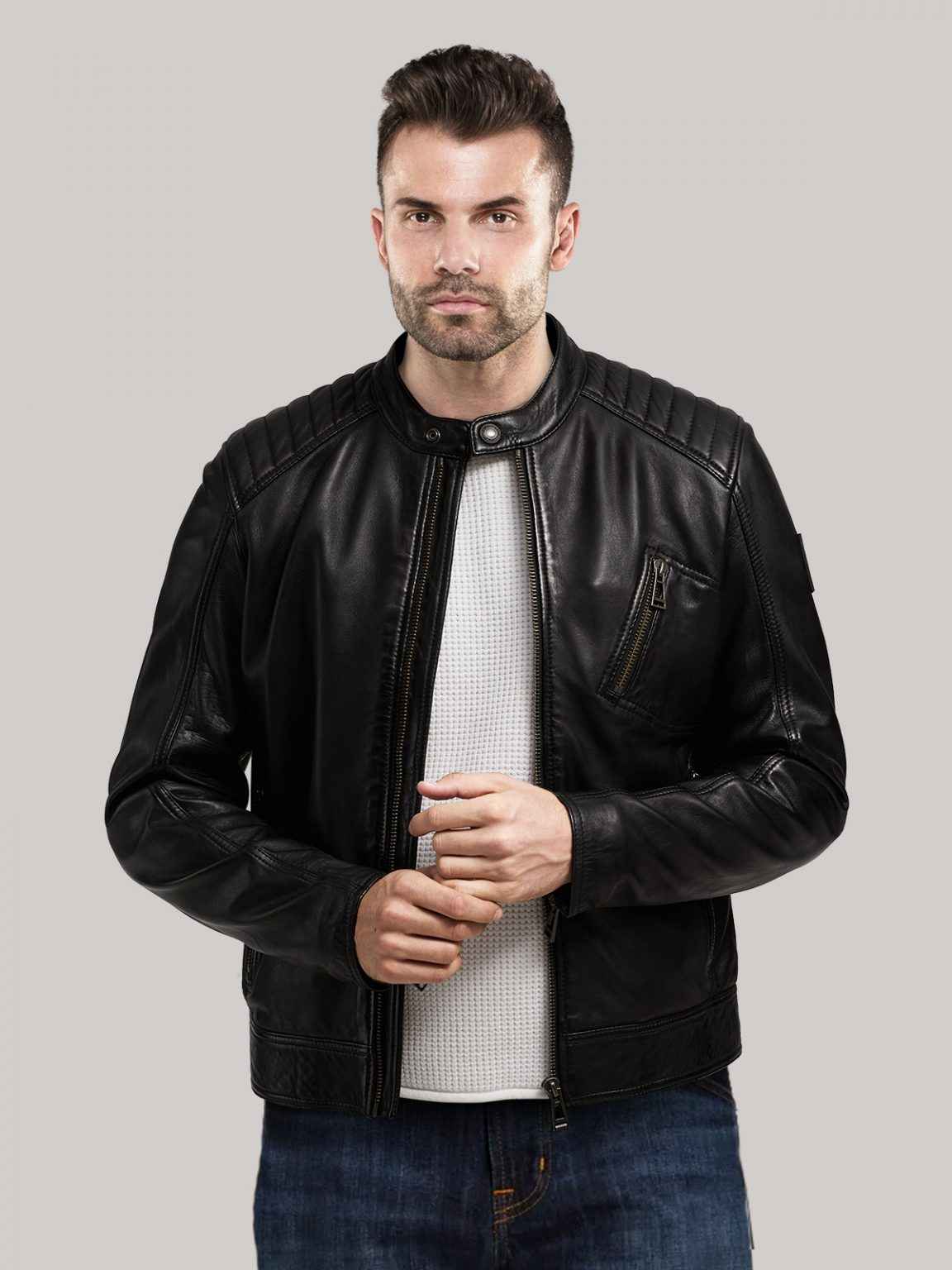 Stylish Notch Collar Men Real Leather Jacket