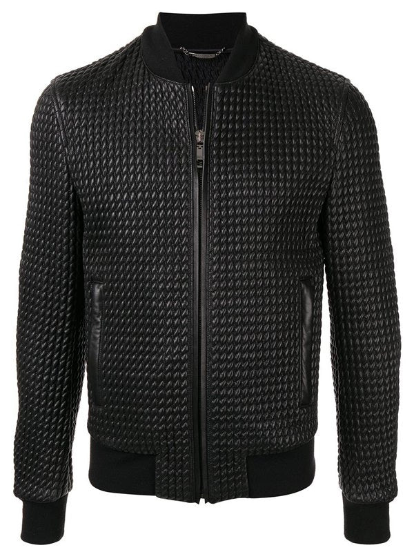 Mens Textured Black Bomber Leather Jacket