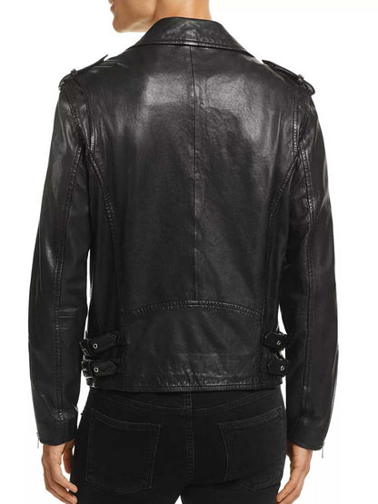 Black Textured Slim Fit Leather Jacket for Men