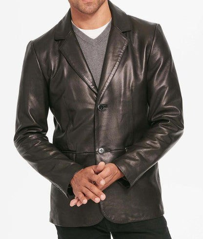 Mens Two Button Black Leather Blazer