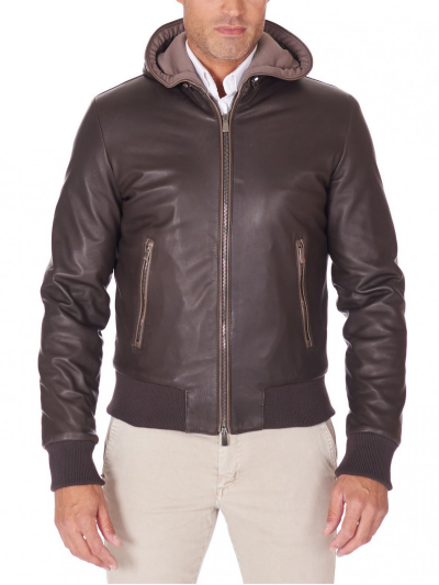 Brown Mens Lambskin Leather Biker Hooded Collar Jacket