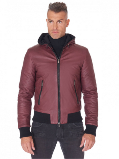 Men Maroon And Black Lambskin Leather Biker Hooded Collar Jacket