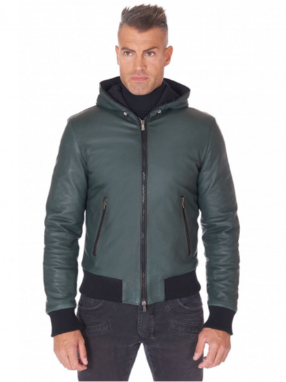 Men Green Lambskin Leather Biker Hooded Collar Jacket