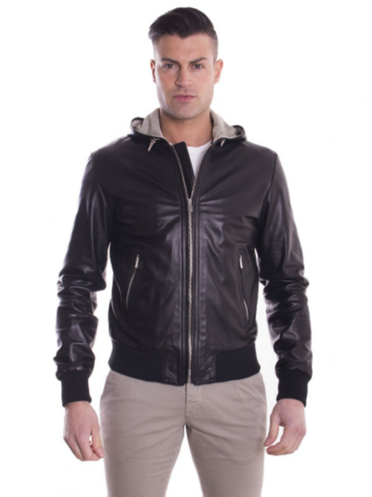 Black Lambskin Leather Mens Biker Hooded Collar Jacket