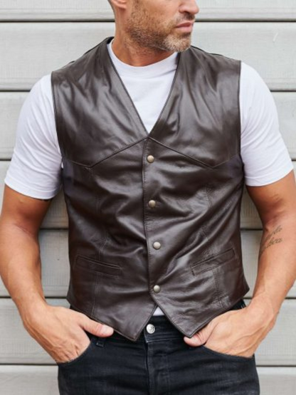 Men Dark Brown Lambskin Leather Biker Vest