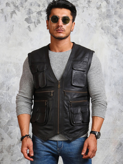 Black Real Leather Vest For Mens