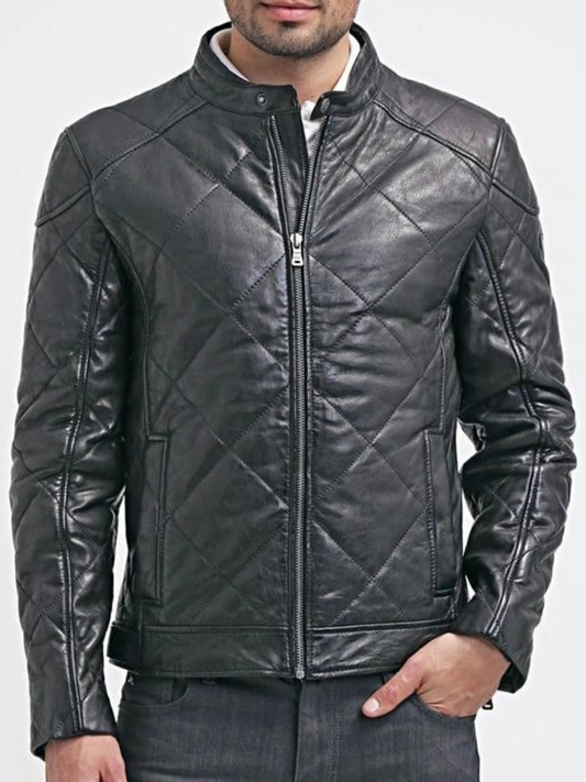 Mens Diamond Quilted Black Leather Jacket