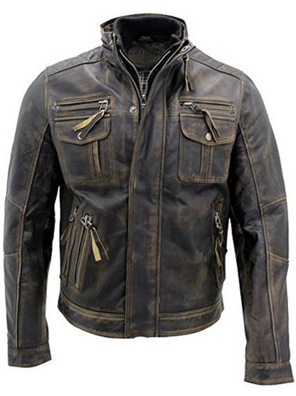 Men Black Vintage Brando Leather Moto Jacket