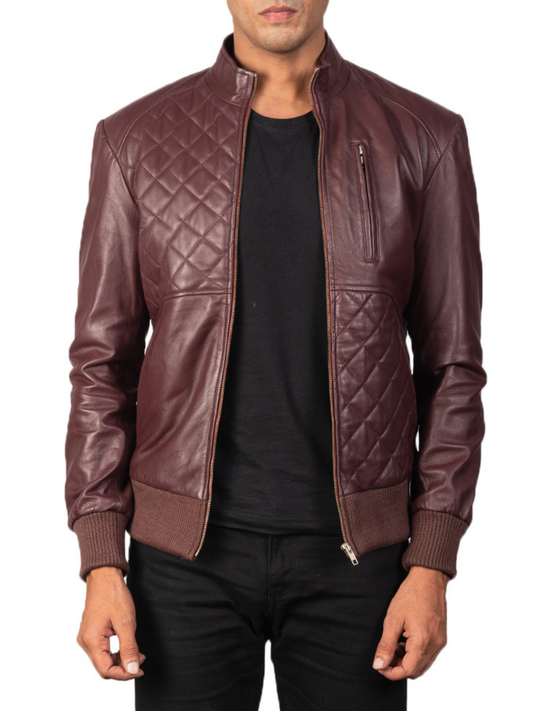 Men's classy maroon bomber sheepskin  leather jacket