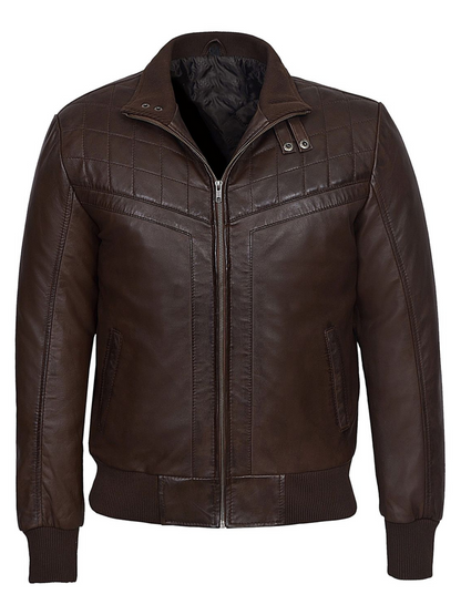 Men's Quilted Brown Bomber Leather Jacket