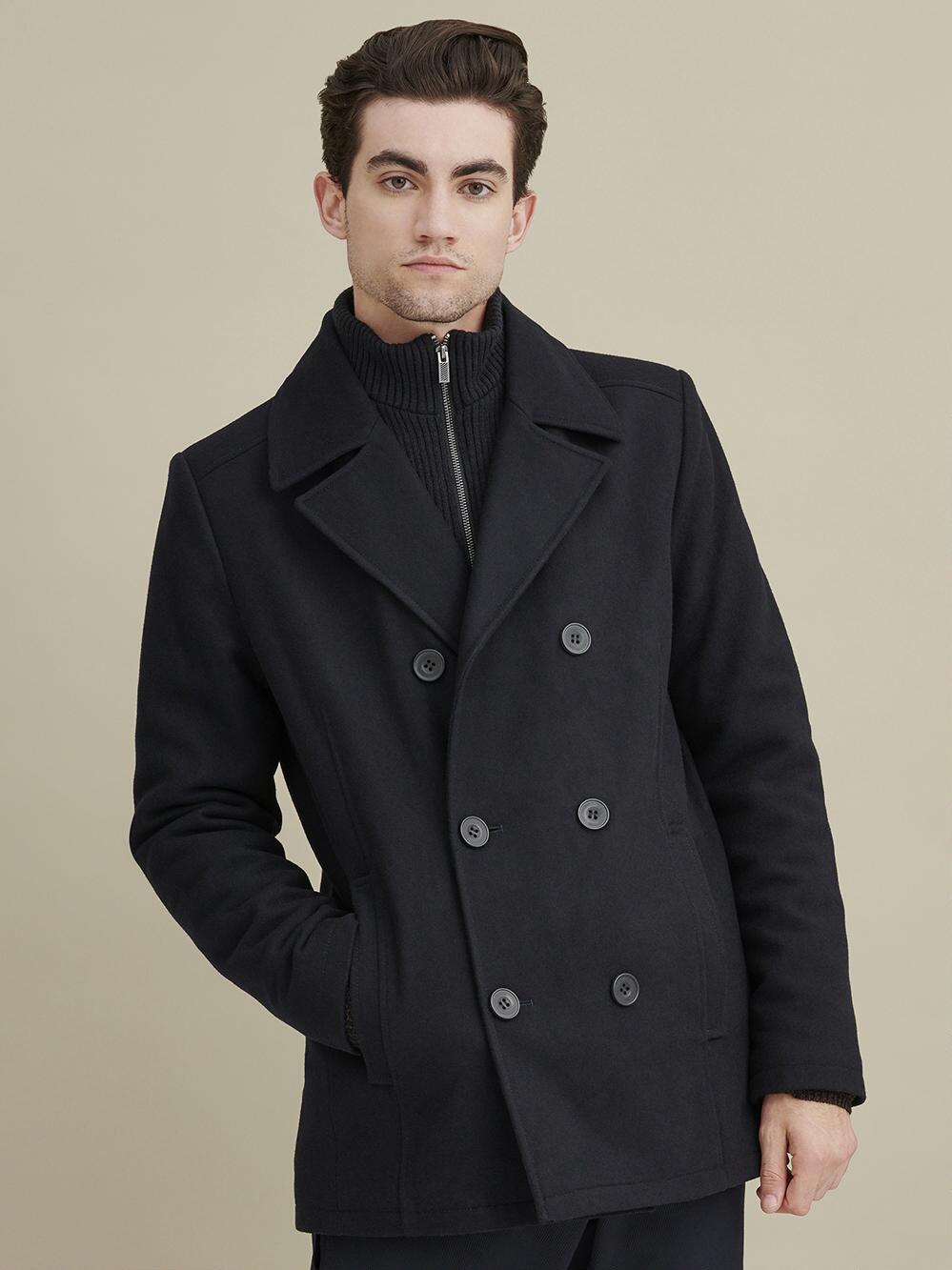 Versatile Men's Black Wool PeaCoat