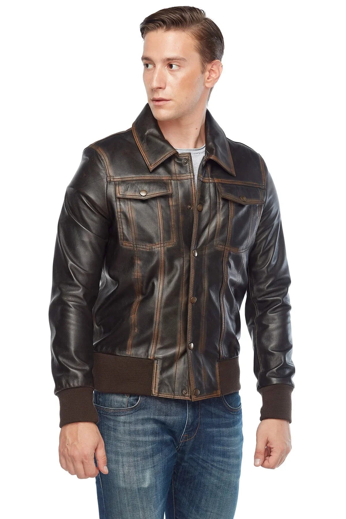 Real Distressed Leather Bomber Jacket - Frozva