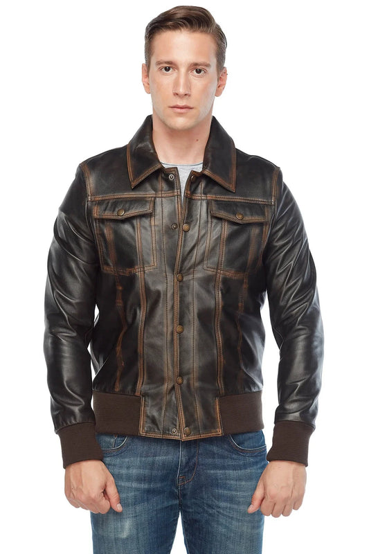 Real Distressed Leather Bomber Jacket - Frozva