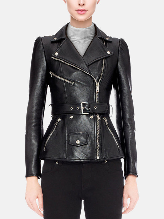 Women Black Biker Zip Jacket