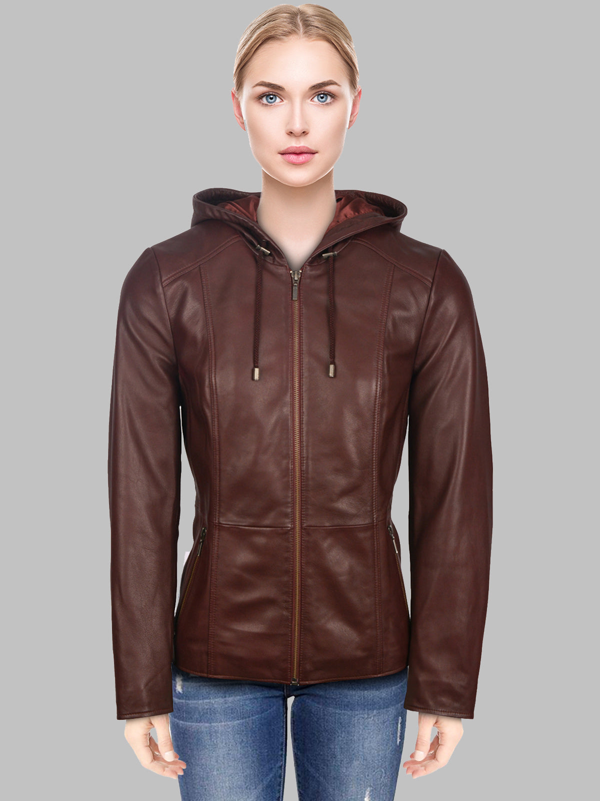 Women's Abbeville Brown Hoodie Leather Jacket