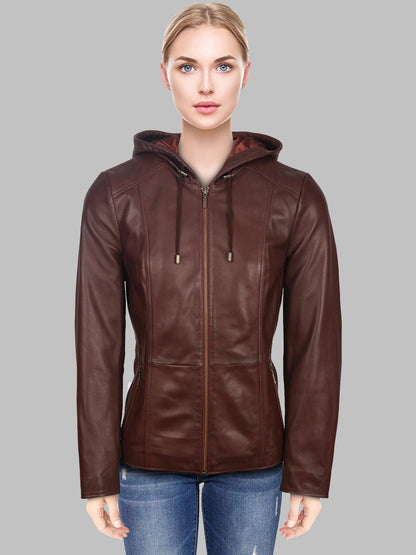 Women's Abbeville Brown Hoodie Leather Jacket