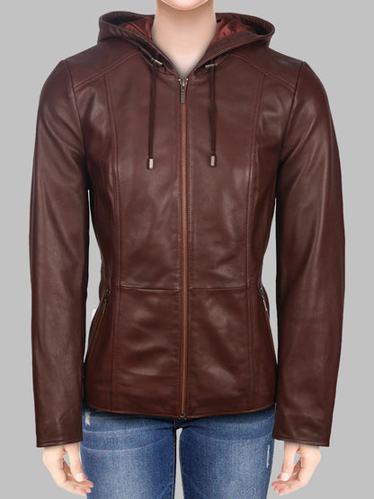 Women's Abbeville Brown Hoodie Leather Jacket