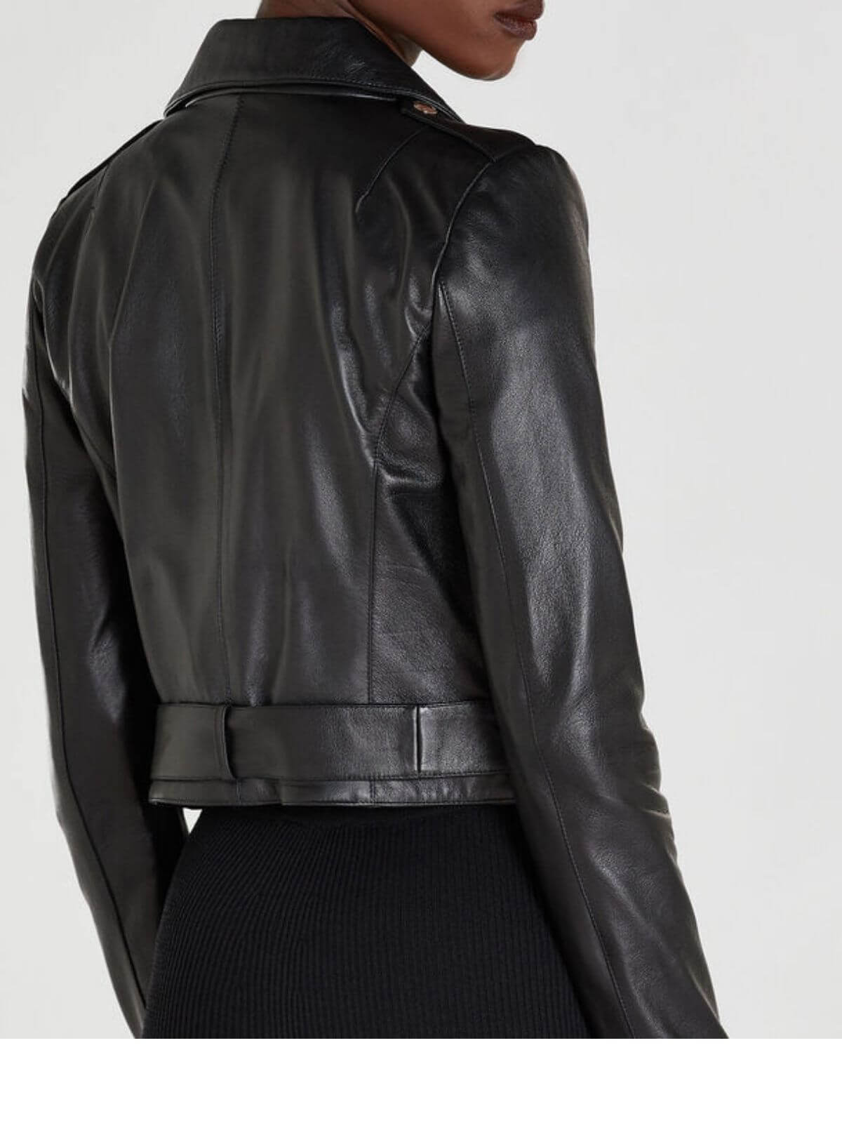 Womens Asymmetrical Biker Belted Leather Jacket Black