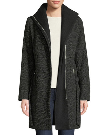 Women's Black Belted Asymmetric Zipper Coat