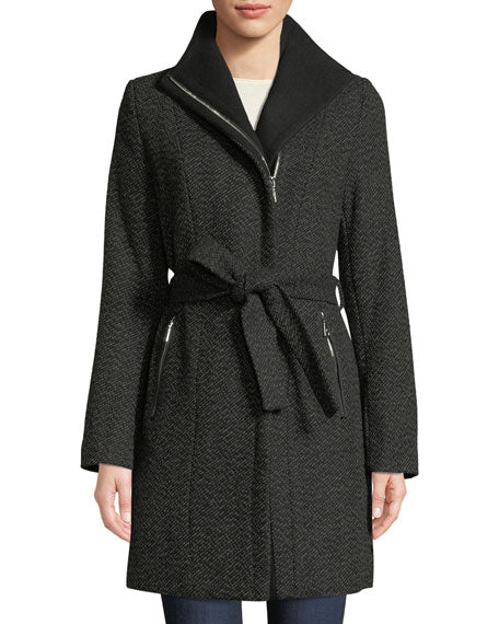 Women's Black Belted Asymmetric Zipper Coat