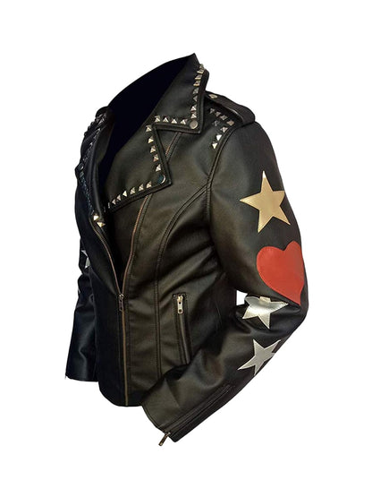 Womens Black Leather Jacket with Printed Stars