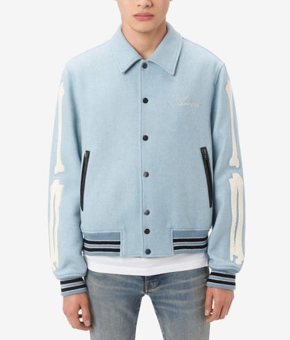 Mens Baby Blue Bone Design Varsity Jacket